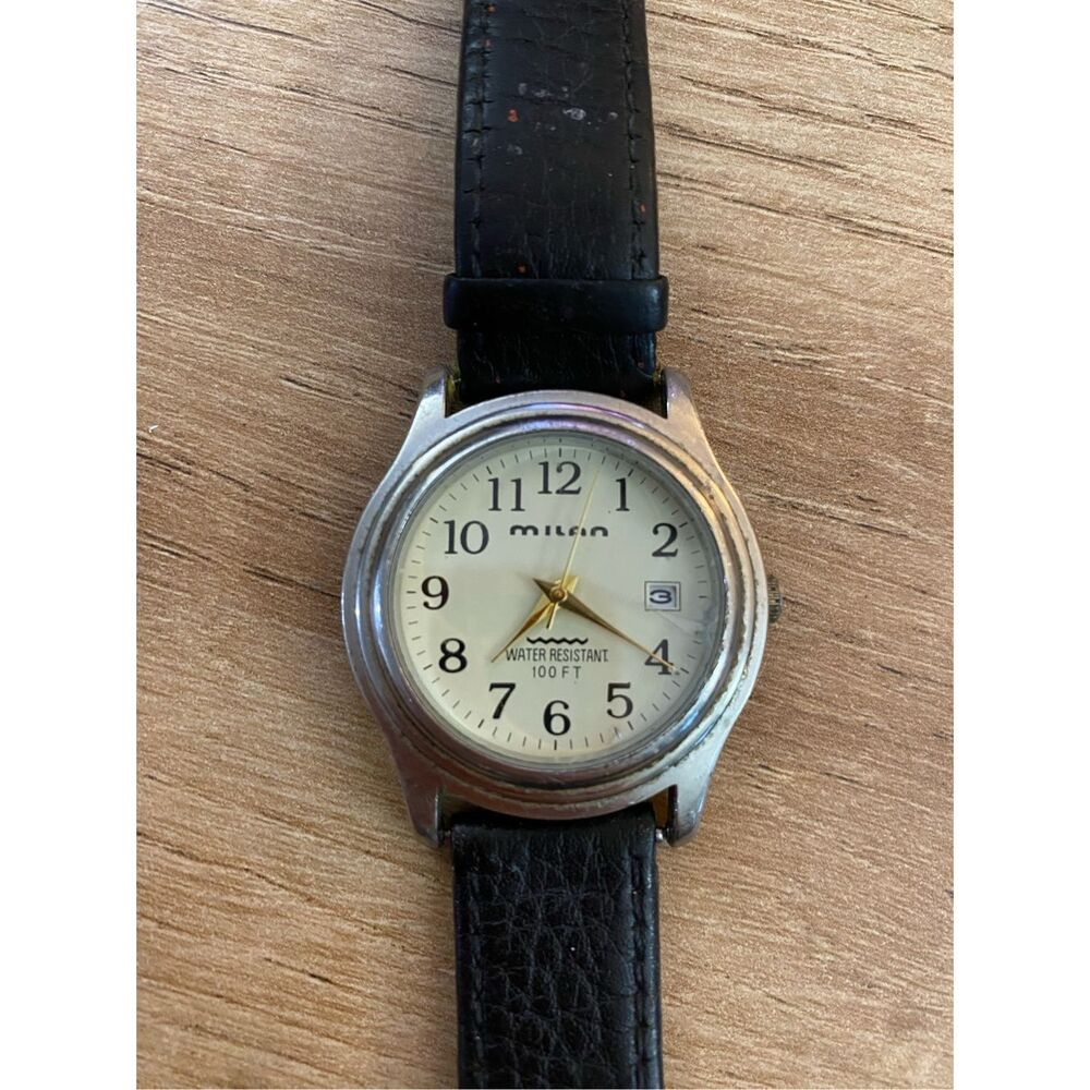 Milan Black Leather Brand Wristwatch - Silvertone